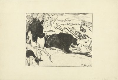 Twee wasvrouwen wassen kleding bij water door Paul Gauguin