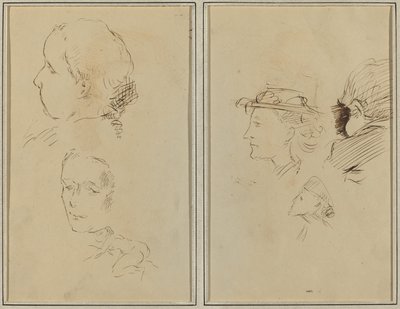 Twee Hoofdstudies en een Hurkende Naakte Vrouw; Twee Vrouwenhoofden en een Hoofd van een Kind door Paul Gauguin