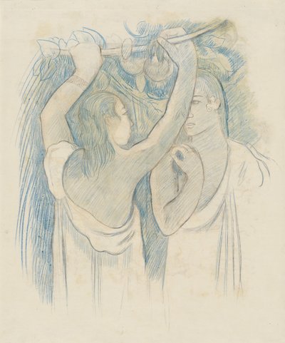 Twee Tahitianen die fruit verzamelen door Paul Gauguin