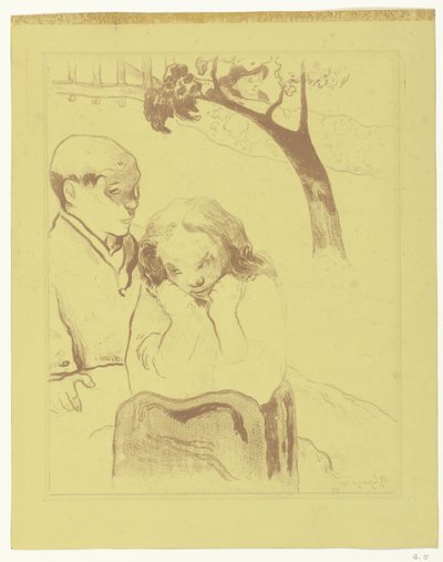 Verdrietige vrouw zit bij een man door Paul Gauguin