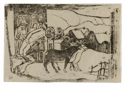 Wegkruis in Bretagne, uit de reeks late houtblokprenten door Paul Gauguin