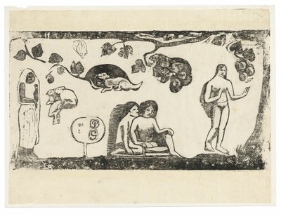 Vrouwen, dieren en gebladerte, uit de Suite van Late Houtsneden door Paul Gauguin