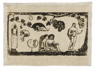 Vrouwen, dieren en bladeren uit de reeks late houtblokprenten door Paul Gauguin