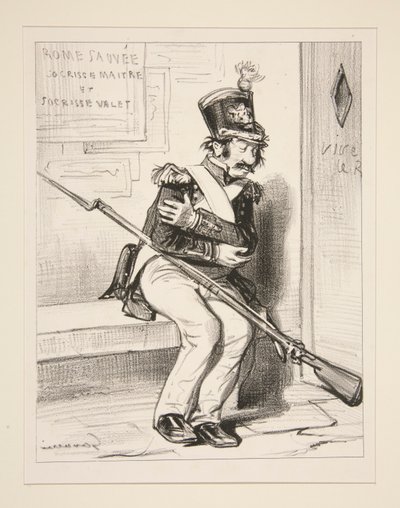 Achille Coqueron, vrijwillige jager van de 2e, droomt dat door Paul Gavarni