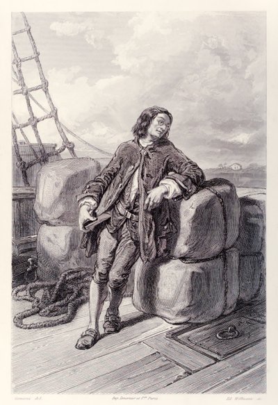 Kapitein Lemuel Gulliver op zee op zijn koopvaardijschip, uit de Franse editie van Gullivers Reizen door Jonathan Swift door Paul Gavarni