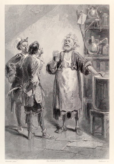 Gulliver betreedt een kamer in de grote Academie van Lagado gevuld met een weerzinwekkende geur, uit de Franse editie van Gullivers Reizen door Jonathan Swift door Paul Gavarni