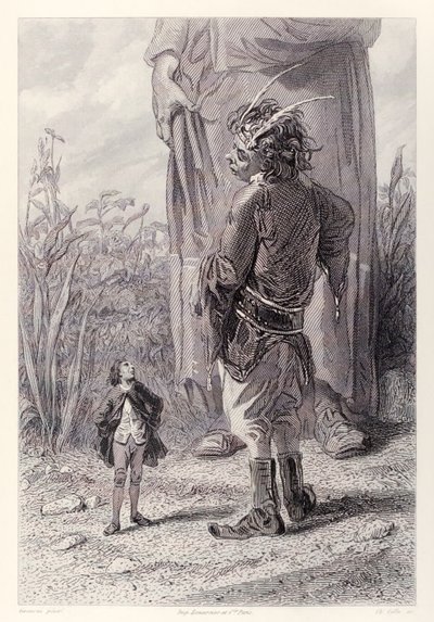 Gulliver ontmoet de 30 voet lange dwerg van de koningin die verheugd is iemand in het hof te hebben die kleiner is dan hij om te kwellen, uit de Franse editie van Gullivers Reizen door Jonathan Swift door Paul Gavarni