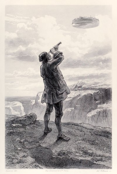 Gulliver ziet het vliegende eiland Laputa voor het eerst en bekijkt het door zijn telescoop, uit de Franse editie van Gullivers Reizen door Jonathan Swift door Paul Gavarni