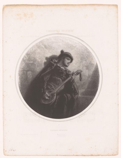 Man met banjo zingt en speelt een serenade door Paul Gavarni