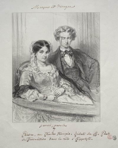 Masques et visages: Paric, par-la: Phèdre au Théâtre-Français Debut van M. Paul de Trois-Etoiles in de rol van Hippolyte door Paul Gavarni
