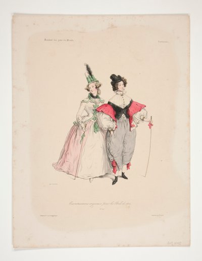 Travestissementen (sic) Origineel voor de bals van 1834. Nos. 2 en 3. door Paul Gavarni