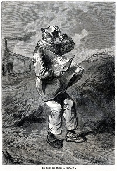 De maand maart: voorstelling van een man die een blaasbalg in de ene hand en zijn hoed in de andere hand houdt, zijn kleren opgeheven door de wind door Paul Gavarni