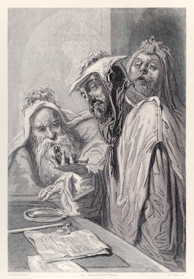 De wetenschappers van Lordbruldrud onderzoeken Gulliver, uit de Franse editie van Gullivers Reizen door Jonathan Swift door Paul Gavarni