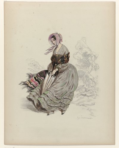 Vrouw, lopend in de wind, met parasol, 1840 door Paul Gavarni