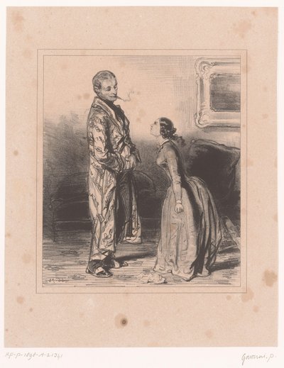 Vrouw schreeuwt tegen haar man, uit de serie Impressies van het huwelijk door Paul Gavarni