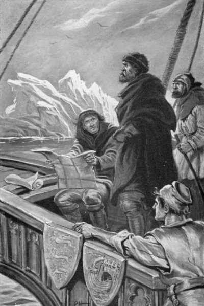 John Cabot ontmoette enorme ijsbergen (kleur litho) door Paul Hardy