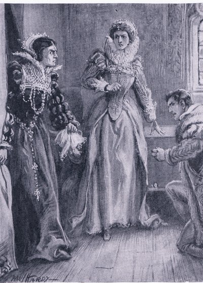 Koningin Mary Elizabeth en Courtenay Ik zal die vraag beantwoorden riep Mary terwijl ze de Arras opzij schoof, illustratie uit De Wereldbibliotheek van Beste Boeken, ca. 1940 door Paul Hardy