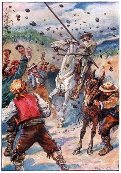 Ze bekogelden Don Quichot met een regen van stenen, illustratie uit 