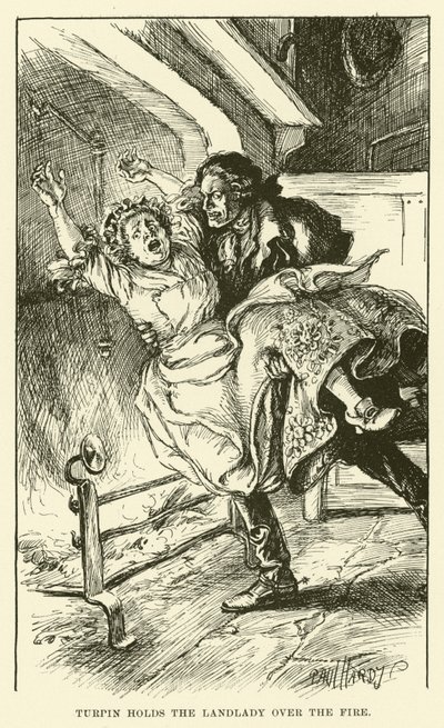 Turpin houdt de waardin boven het vuur (gravure) door Paul Hardy