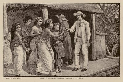 Vrouwen die bloemen aanbieden aan Robert Louis Stevenson door Paul Hardy