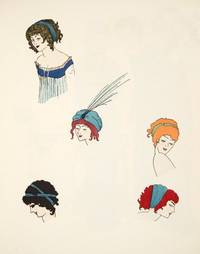 Ontwerpen voor hoofdtooien, uit Les Robes de Paul Poiret gepubliceerd 1908 door Paul Iribe