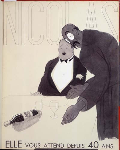 Ze wacht al 40 jaar op je De ober van een restaurant spreekt een klant aan door een fles wijn te ontwerpen. - advertentie voor Nicolas, tekening door Paul Iribe door Paul Iribe
