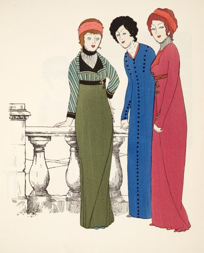Drie Empire Lijn Avondjassen uit Les Robes de Paul Poiret gepubliceerd 1908 door Paul Iribe