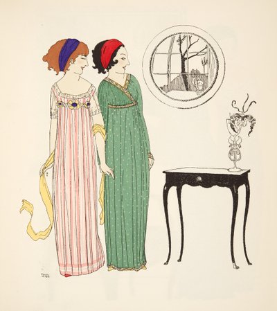 Twee empire lijn dagjurken uit Les Robes de Paul Poiret gepubliceerd 1908 door Paul Iribe