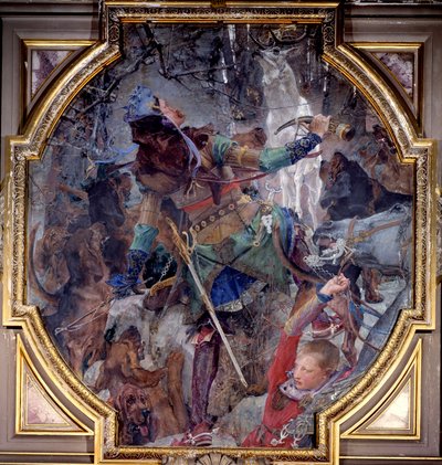 De visie van Sint-Hubertus, die tijdens het jagen in een bos op wonderbaarlijke wijze God ziet verschijnen in de vorm van een hert. Canvas marouflee door Paul Jacques Aimé Baudry (1828-1886) 1882 door Paul Jacques Aimé Baudry