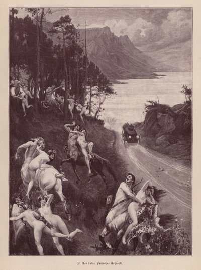 Satyrs en nimfen geschrokken door een auto door Paul Jean Gervais