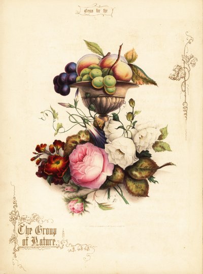 Boeket van rozen met druiven en perziken in vaas door Paul Jerrard
