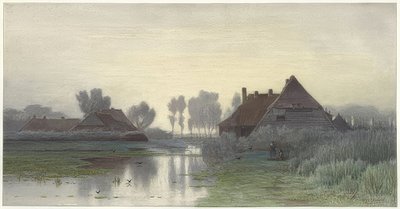 Boerderijen bij ochtendmist door Paul Joseph Constantin Gabriel
