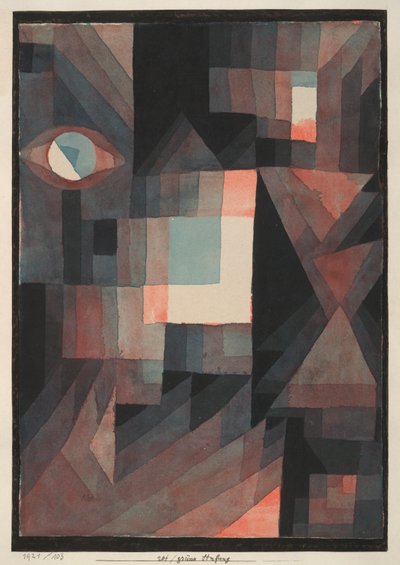 Abstract (rood/groene gradatie met wat cinnaber in verticaal formaat) door Paul Klee