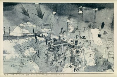 Uitzicht op de ernstig bedreigde stad Pintz door Paul Klee