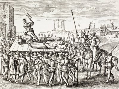 16e eeuwse propaganda ter illustratie van straffen die koning Hendrik Viii had uitgevaardigd tegen Engelse katholieken. door Paul Lacroix