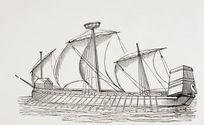 16e Eeuws Driemastgalei met vierkante zeilen. door Paul Lacroix