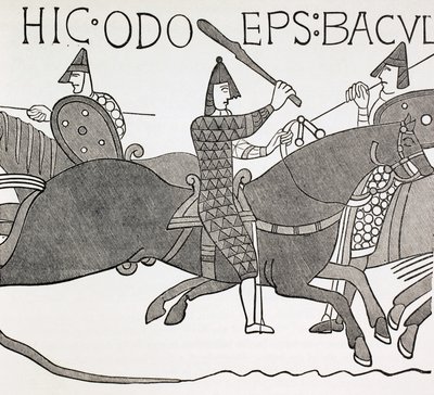 Bisschop Edues houdt zijn ambtsstok vast en moedigt de soldaten van de hertog van Normandië aan tijdens de slag om Hastings. Naar een detail in het Tapijt van Bayeux. door Paul Lacroix