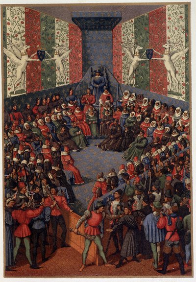 Karel VII voorzit de berechting van Jan, hertog van Alençon (bondgenoot van de Engelsen) in Vendome in 1458 - naar de miniatuur van Fouquet, in Militair en religieus leven in de Middeleeuwen en de Renaissance door Paul Lacroix, Parijs door Paul Lacroix
