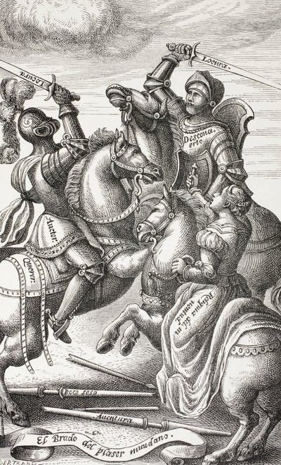Ridderschap voorgesteld door allegorische figuren. Vechtende ridders te paard. Naar een 16e eeuwse koperplaat. door Paul Lacroix