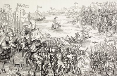 Kruisvaarders landen in Damietta, Egypte, in 1249 tijdens de zevende kruistocht. door Paul Lacroix