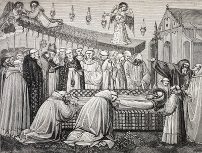 De dood van de heilige Benedictus van Nursia of San Benedetto Da Norcia, 480-547, in de abdij van Monte Cassino. door Paul Lacroix