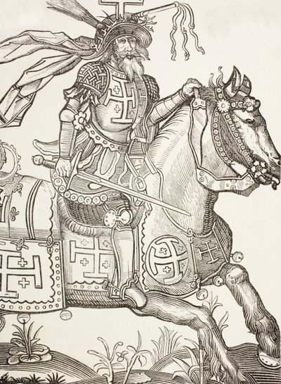 Godfried van Bouillon, ca. 1060 - 1100, middeleeuwse Frankische ridder. Een leider van de eerste kruistocht. Hier te zien gekroond met de lijdensinstrumenten van Christus. Naar een 15e-eeuwse houtsnede. door Paul Lacroix