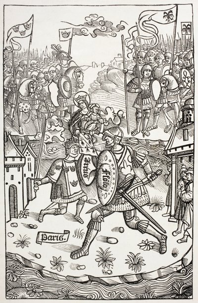 Koning Artus, of Arthur, beschermd door de Maagd, vechtend tegen een reus. Naar een houtsnede in Chroniques De Bretagne, door Alain Bouchard, uitgegeven in 1514. door Paul Lacroix