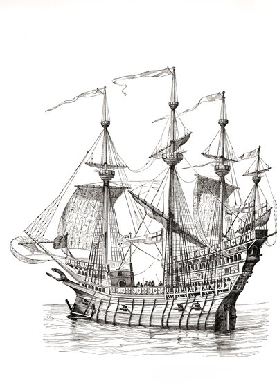 Oorlogsschip dat koning Hendrik Viii in 1520 van Engeland naar Frankrijk bracht voor zijn ontmoeting met koning Frans I op het veld van de gouden doek. Naar een tekening van Holbein. door Paul Lacroix