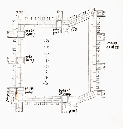 Plattegrond van Antiochië uit de 13e eeuw met de vijf poorten. Naar een 13e eeuws manuscript. door Paul Lacroix