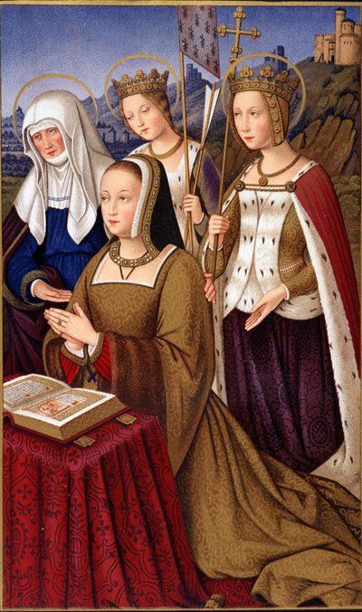 Portret van Anna van Bretagne (1477-1514), Koningin van Frankrijk, in gebed met haar heilige patroonheilige Sint Anna, Sint Helene en Sint Ursule - in 