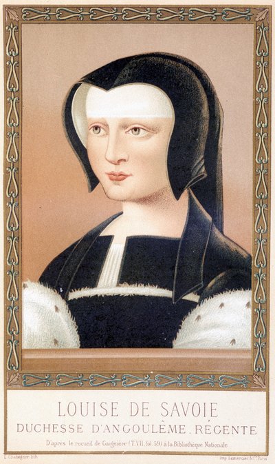 Portret van Louise de Savoie (1476-1531), Hertogin van Angoulême en Regentes van Frankrijk. Chromolithografie uit 