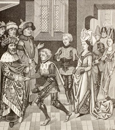 Ontvangst van Gautier-Sans-Avoir door de koning van Hongarije, die hem toestaat om met de kruisvaarders door zijn gebied te trekken tijdens de eerste kruistocht. door Paul Lacroix