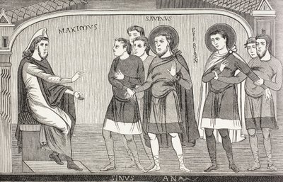 De heiligen Savin en Cyprianus bekennen aan proconsul Galerius Maximus dat ze christenen zijn. Naar een fresco uit de 11e eeuw in de kerk van St. Savin, Vienne, Frankrijk. door Paul Lacroix