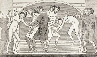 De heiligen Savin en Cyprianus worden met ijzeren haken uit hun lichaam gerukt. Naar een 11e-eeuws fresco in de kerk van St Savin, Vienne, Frankrijk. door Paul Lacroix